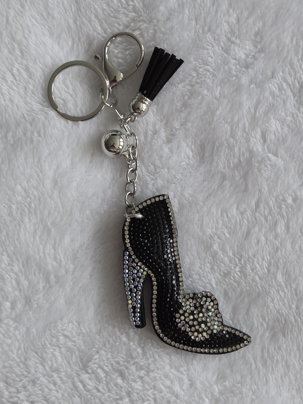 Black Rhinestone High Heel Shoe Keychain with Tassel Bling Bag Charm